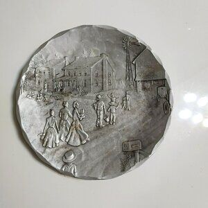 Wendell August Forge Aluminum Dish, Amish Village Scene, Vintage 90s Decor Plate